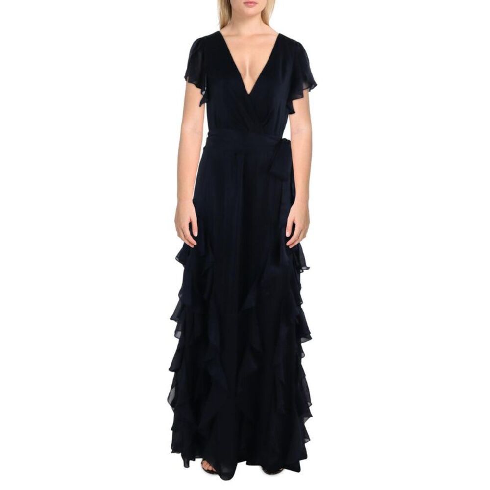Lauren Ralph Lauren Womens Navy Full Length Ruffled Evening Dress Gown NWT